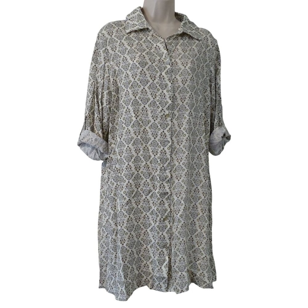 Cloth and Portrait Printed Shirt Dress Women Size L Rayon Linen Button Up NEW